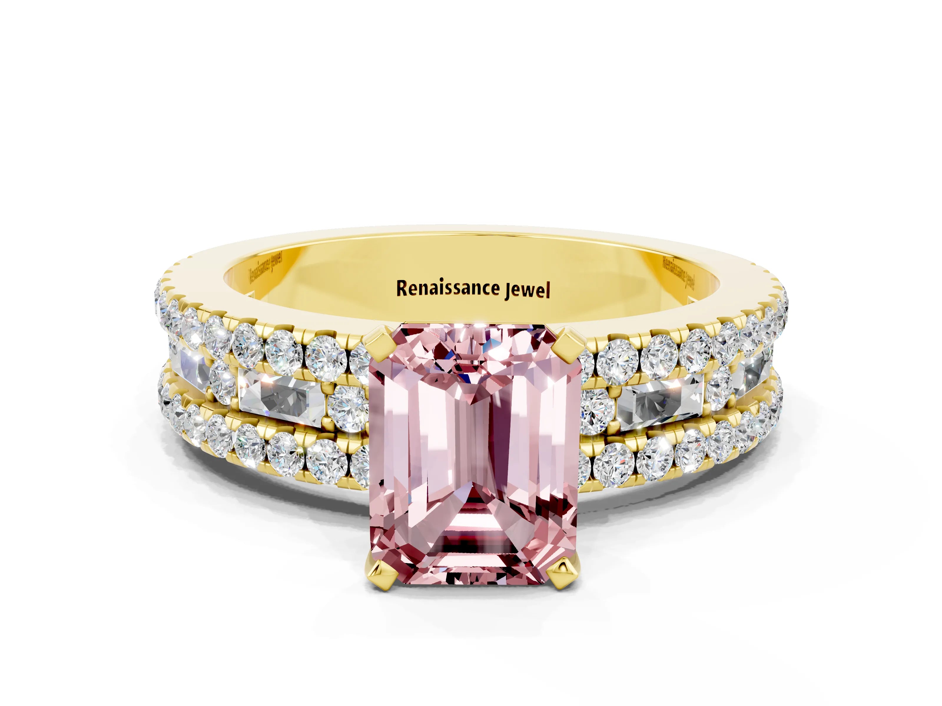 Yellow gold Emerald Cut Morganite Solitaire Ring with Pavé and Channel Set Band