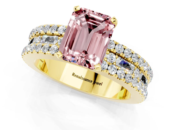 Yellow gold Emerald Cut Morganite Solitaire Ring with Pavé and Channel Set Band