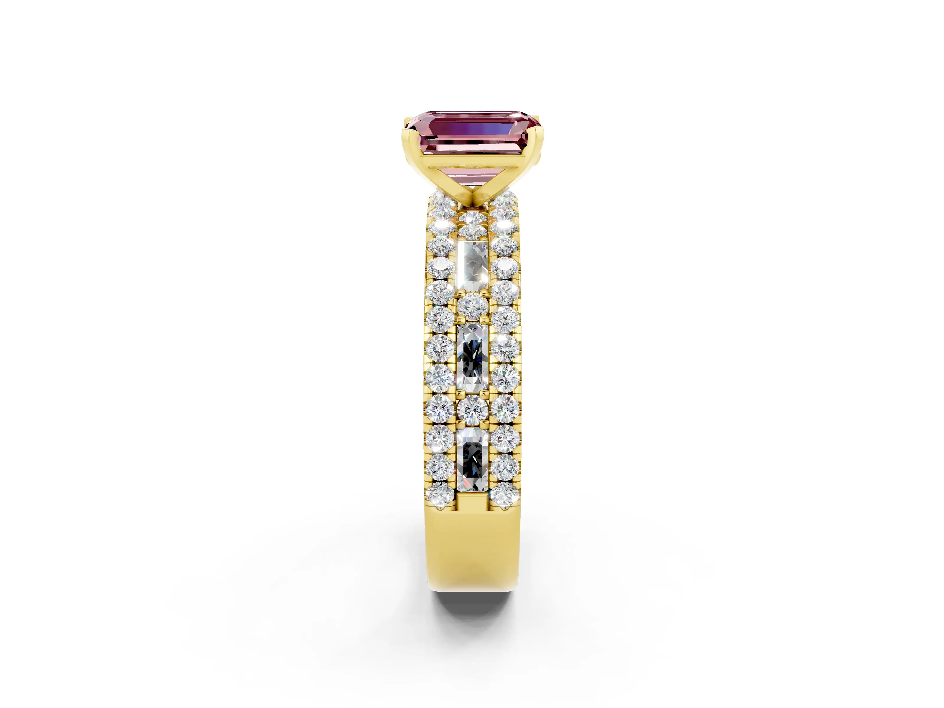 Yellow gold Emerald Cut Morganite Solitaire Ring with Pavé and Channel Set Band_2