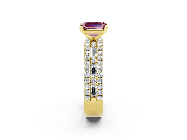 Yellow gold Emerald Cut Morganite Solitaire Ring with Pavé and Channel Set Band