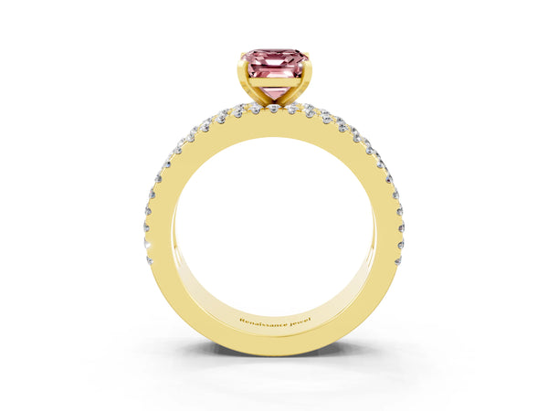 Yellow gold Emerald Cut Morganite Solitaire Ring with Pavé and Channel Set Band
