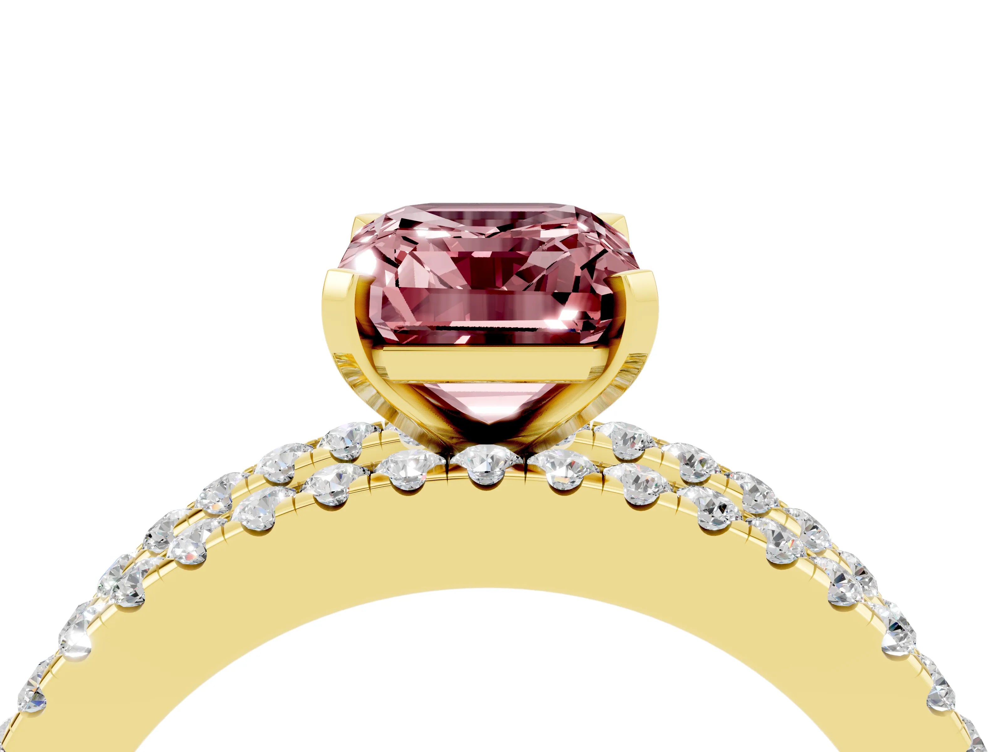 Yellow gold Emerald Cut Morganite Solitaire Ring with Pavé and Channel Set Band_4