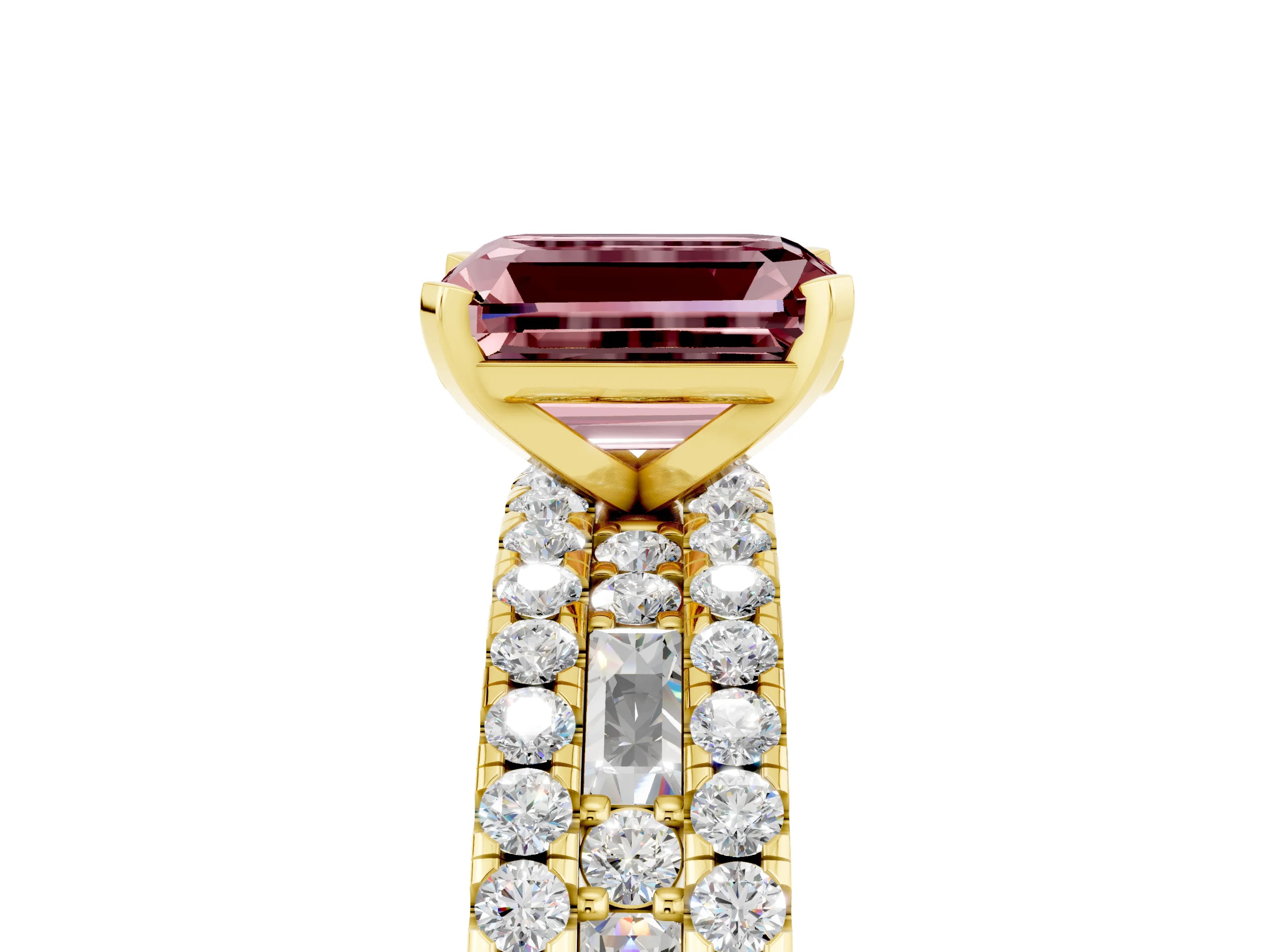Yellow gold Emerald Cut Morganite Solitaire Ring with Pavé and Channel Set Band_5