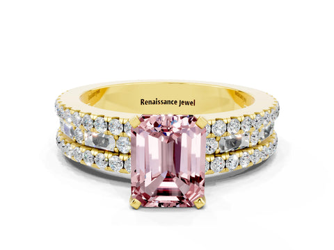 Yellow gold Emerald Cut Morganite Solitaire Ring with Pavé and Channel Set Band