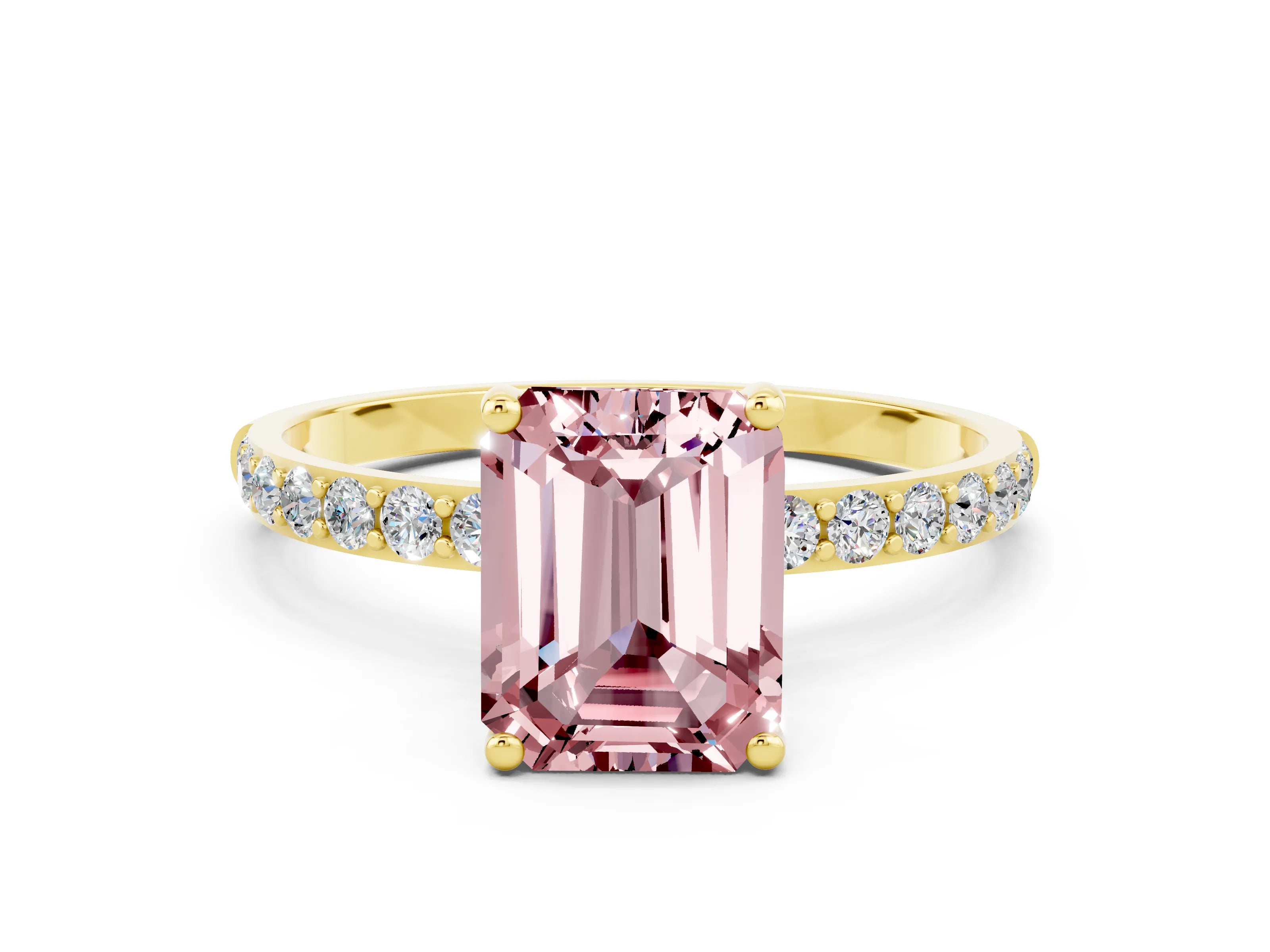 Yellow gold Emerald Cut Morganite Solitaire Ring with Pave Band and Four Prong Setting_24