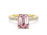 Yellow gold Emerald Cut Morganite Solitaire Ring with Pave Band and Four Prong Setting_24