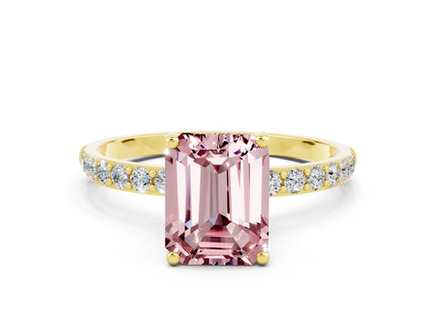 Yellow gold Emerald Cut Morganite Solitaire Ring with Pave Band and Four Prong Setting_24