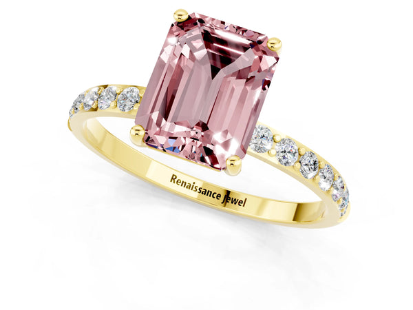 Yellow gold Emerald Cut Morganite Solitaire Ring with Round  Pavé Band and Prong Setting