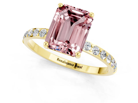 Yellow gold Emerald Cut Morganite Solitaire Ring with Pave Band and Four Prong Setting_25
