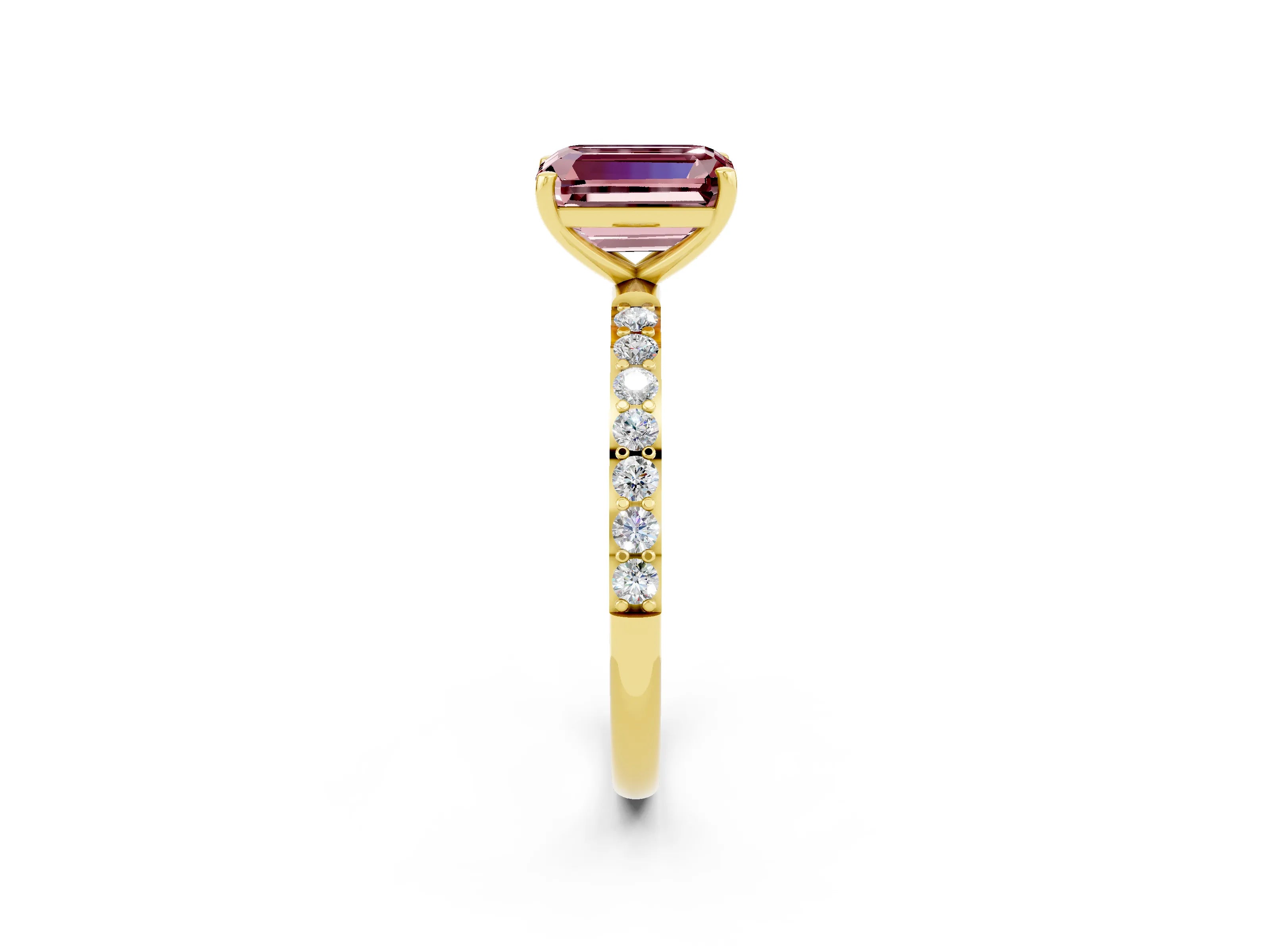 Yellow gold Emerald Cut Morganite Solitaire Ring with Pave Band and Four Prong Setting_26