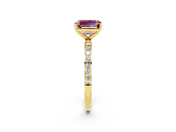 Yellow gold Emerald Cut Morganite Solitaire Ring with Round  Pavé Band and Prong Setting