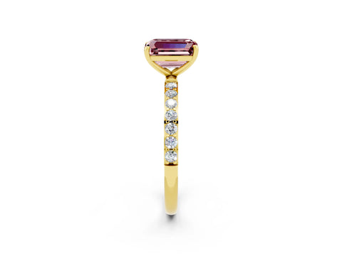 Yellow gold Emerald Cut Morganite Solitaire Ring with Pave Band and Four Prong Setting_26