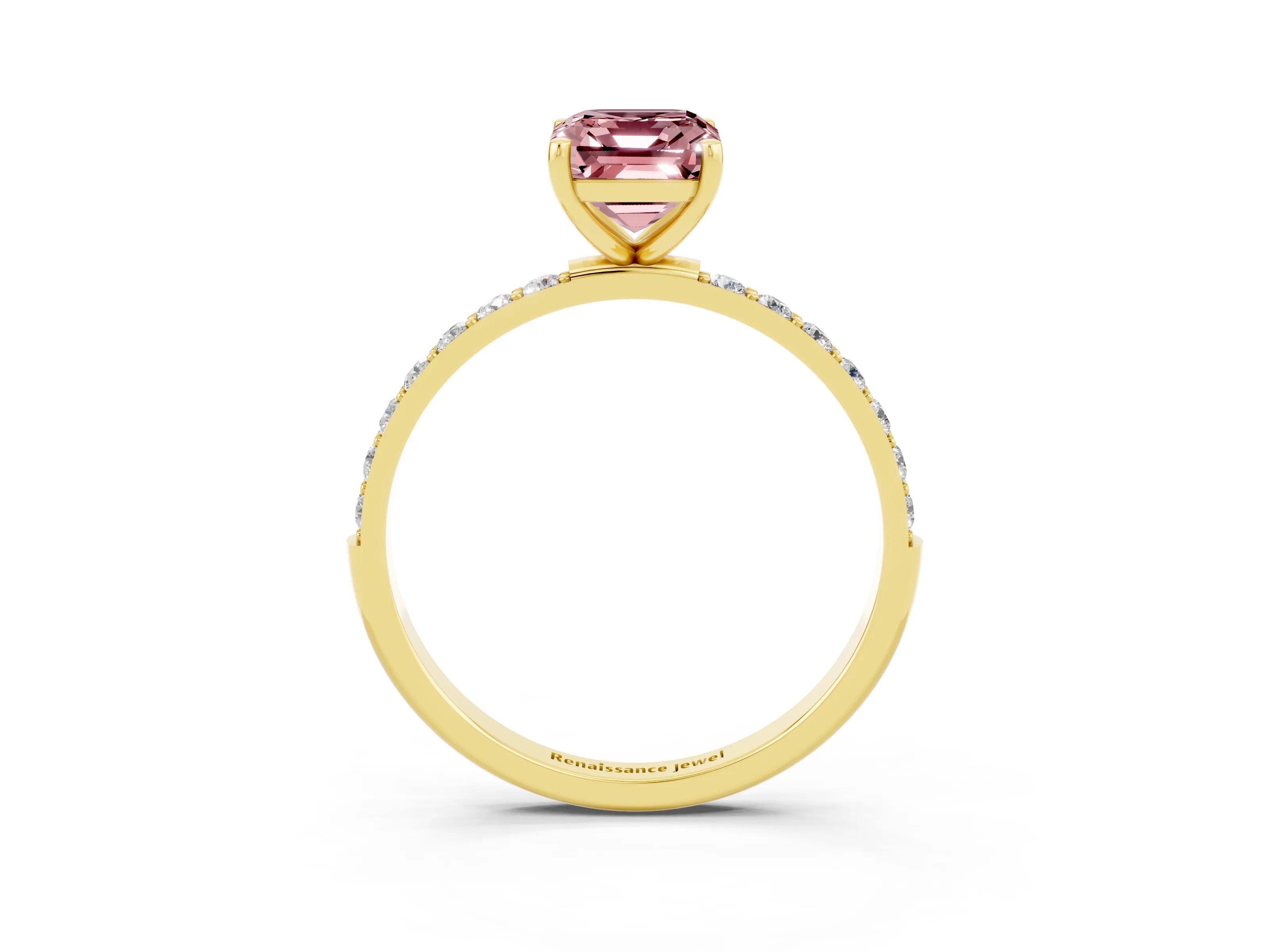 Yellow gold Emerald Cut Morganite Solitaire Ring with Pave Band and Four Prong Setting_27