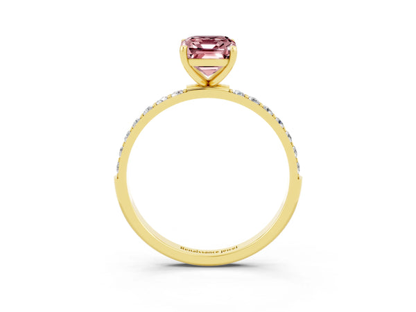 Yellow gold Emerald Cut Morganite Solitaire Ring with Round  Pavé Band and Prong Setting