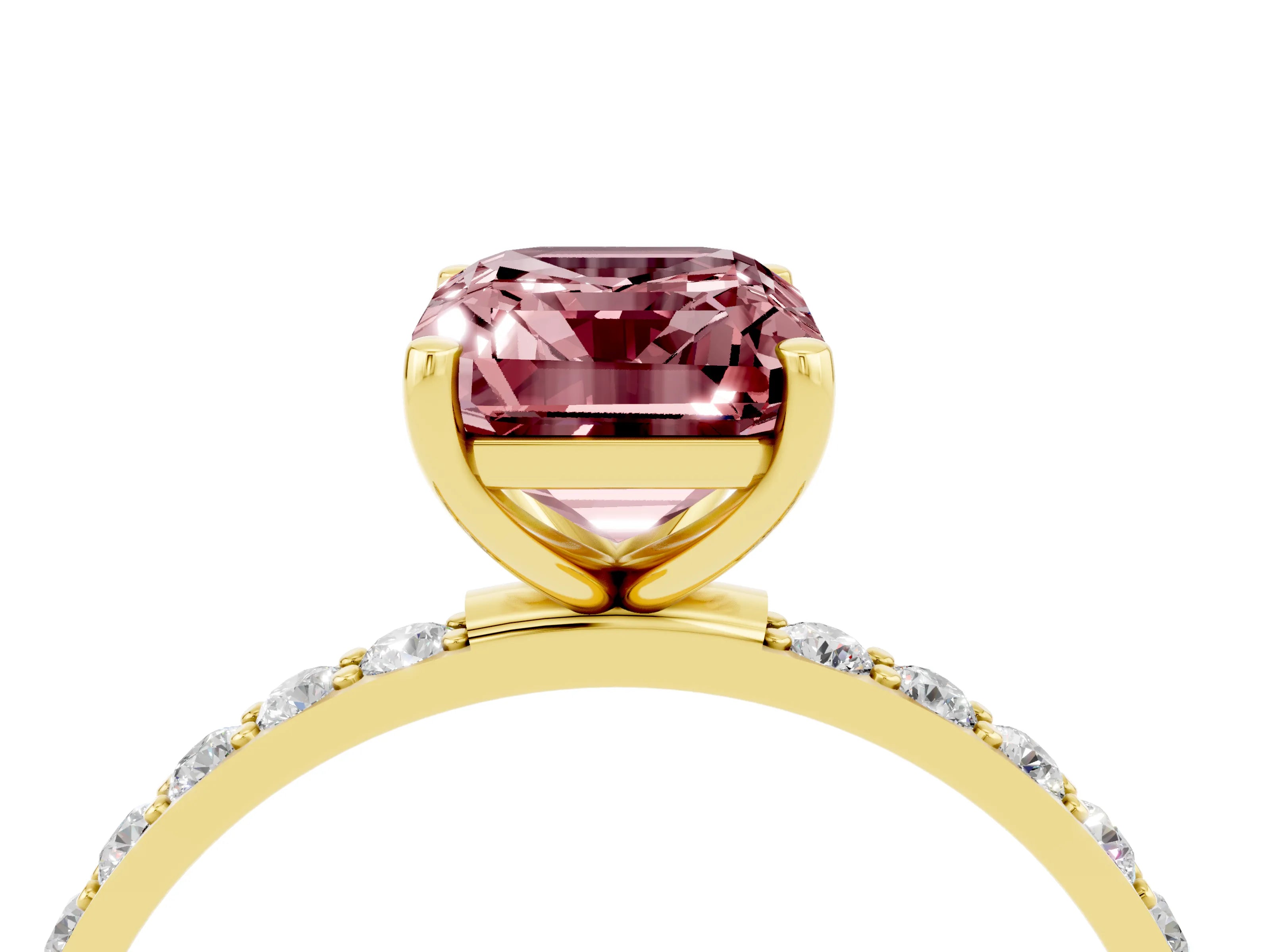 Yellow gold Emerald Cut Morganite Solitaire Ring with Pave Band and Four Prong Setting_28
