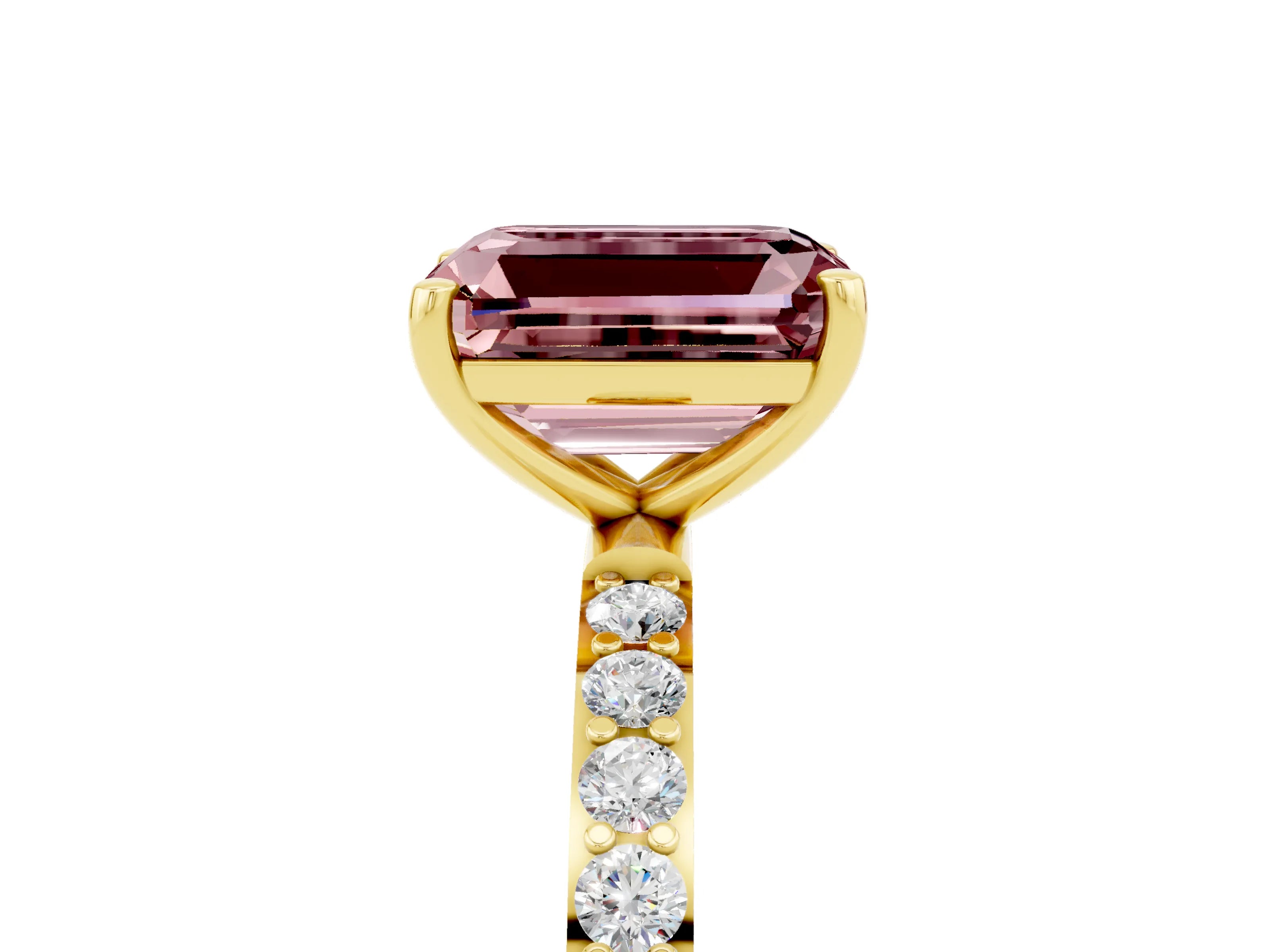 Yellow gold Emerald Cut Morganite Solitaire Ring with Pave Band and Four Prong Setting_29
