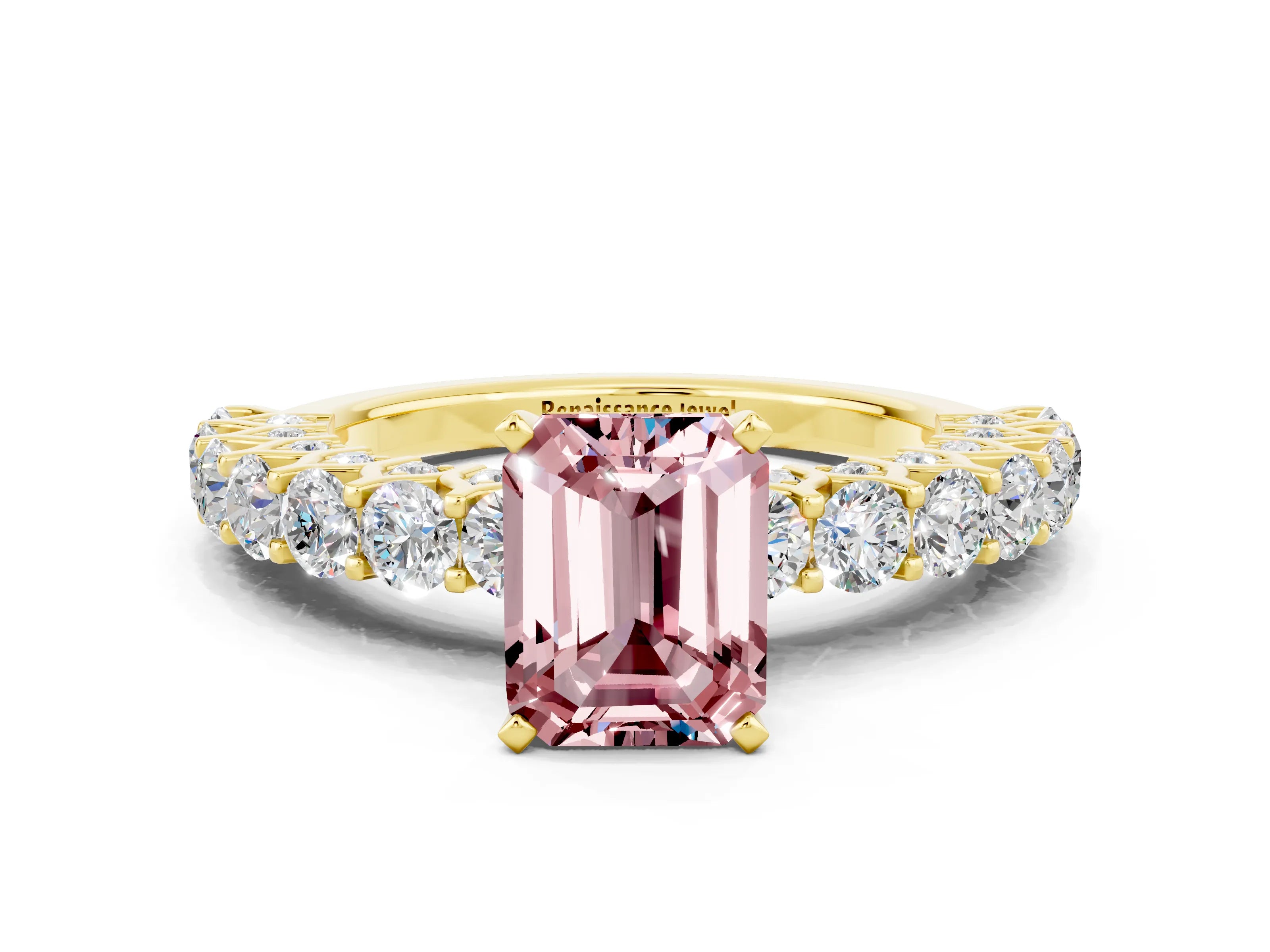 Yellow gold Emerald Cut Morganite Solitaire Ring with Shared Prong Pavé Band and Four-Prong Setting