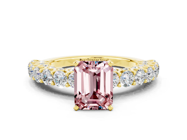 Yellow gold Emerald Cut Morganite Solitaire Ring with Shared Prong Pavé Band and Four-Prong Setting