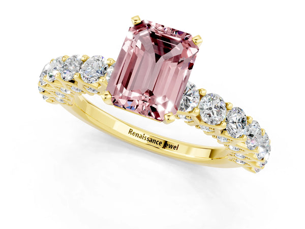 Yellow gold Emerald Cut Morganite Solitaire Ring with Shared Prong Pavé Band and Four-Prong Setting