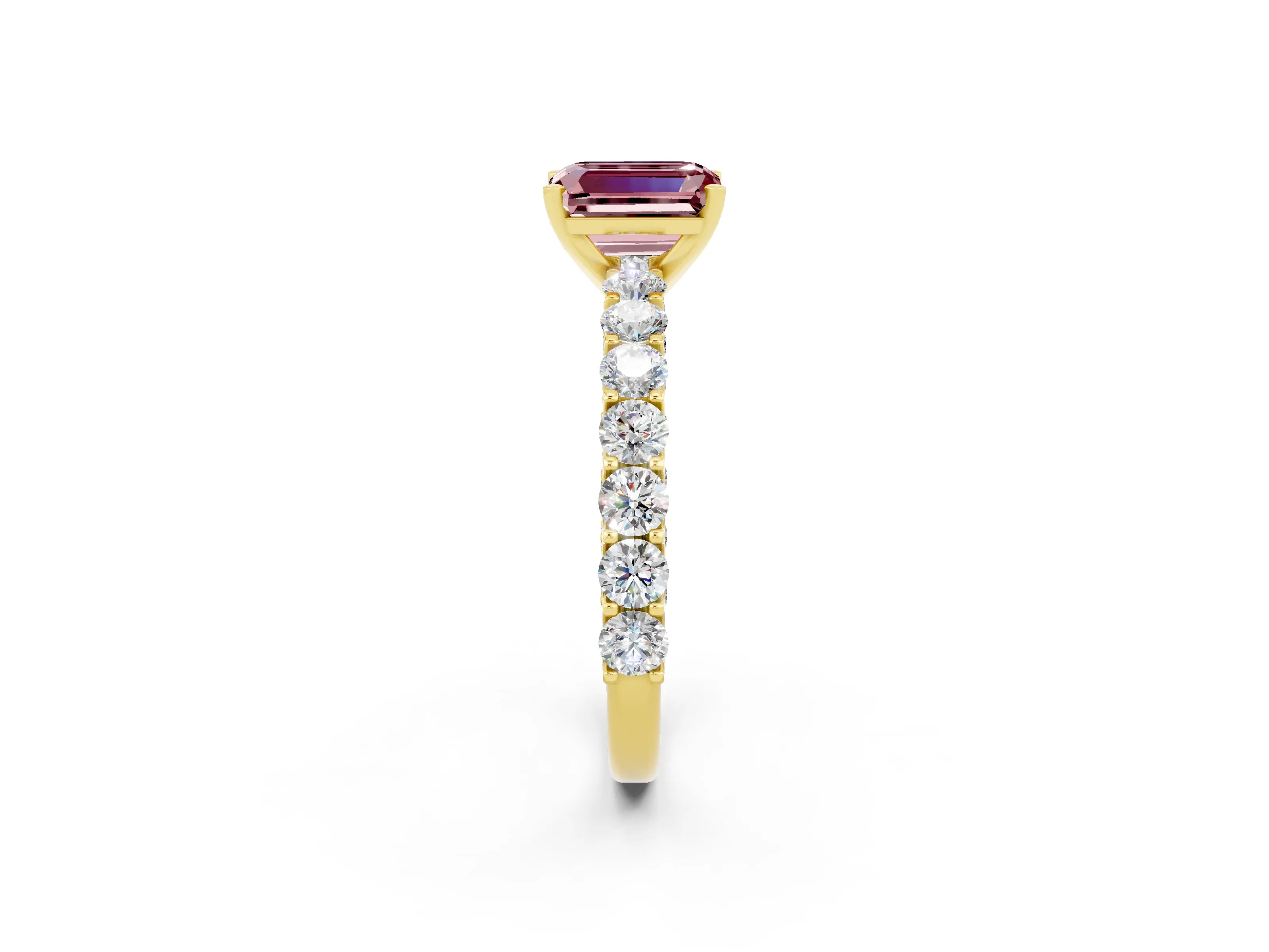 Yellow gold Emerald Cut Morganite Solitaire Ring with Shared Prong Pavé Band and Four-Prong Setting_2