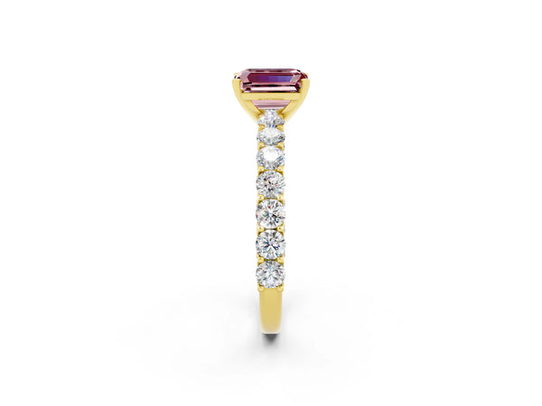 Yellow gold Emerald Cut Morganite Solitaire Ring with Shared Prong Pavé Band and Four-Prong Setting