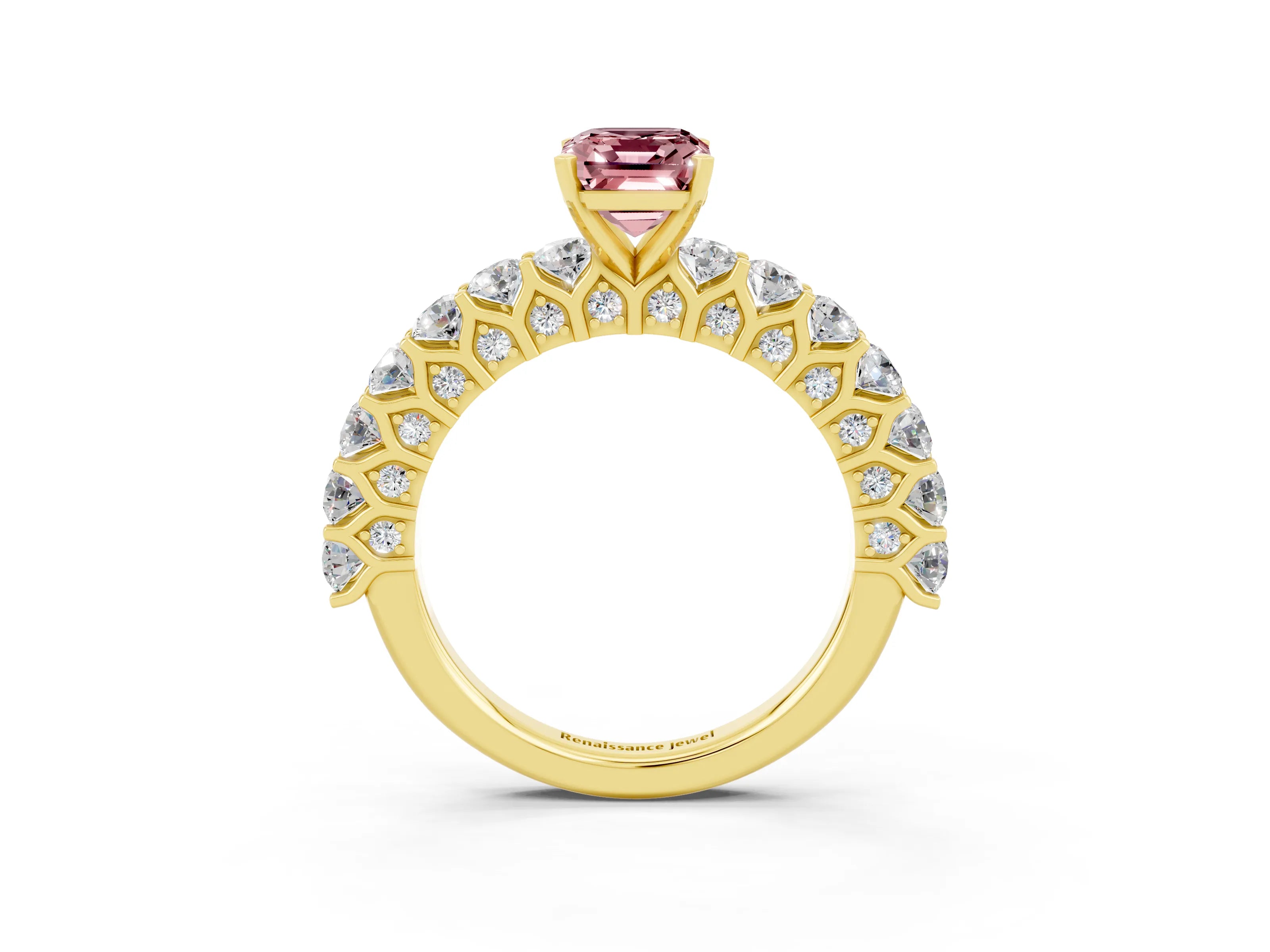 Yellow gold Emerald Cut Morganite Solitaire Ring with Shared Prong Pavé Band and Four-Prong Setting_3
