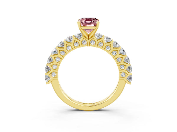 Yellow gold Emerald Cut Morganite Solitaire Ring with Shared Prong Pavé Band and Four-Prong Setting