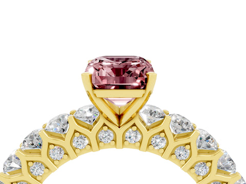 Yellow gold Emerald Cut Morganite Solitaire Ring with Shared Prong Pavé Band and Four-Prong Setting_4