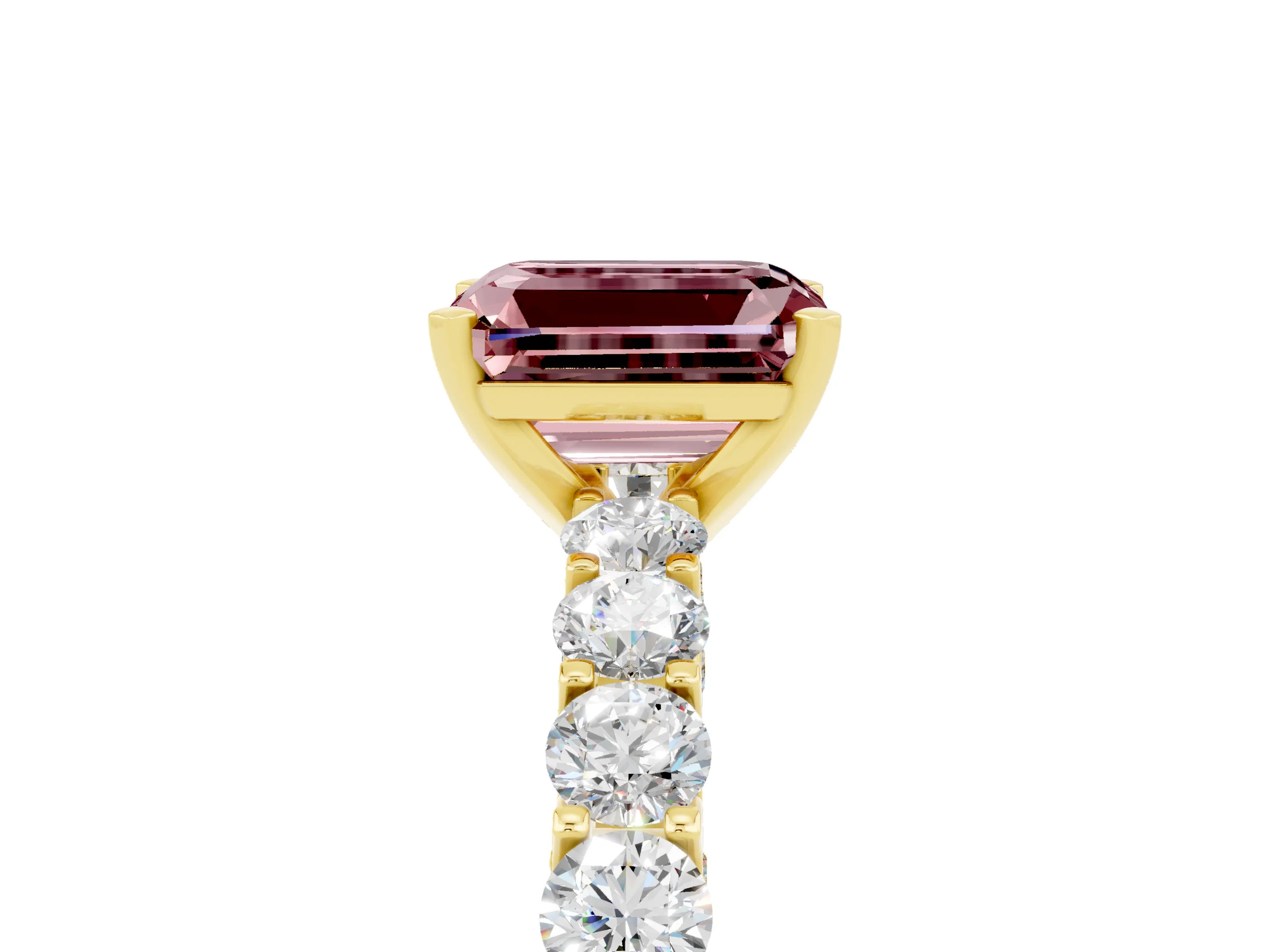 Yellow gold Emerald Cut Morganite Solitaire Ring with Shared Prong Pavé Band and Four-Prong Setting_5
