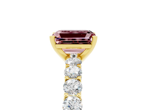 Yellow gold Emerald Cut Morganite Solitaire Ring with Shared Prong Pavé Band and Four-Prong Setting_5