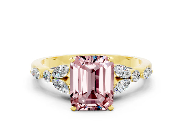 Yellow gold Emerald Cut Morganite Solitaire Ring with Side Stones and Four-Prong Setting