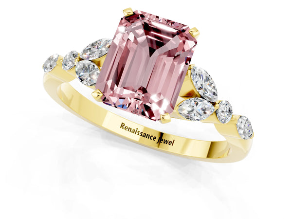 Yellow gold Emerald Cut Morganite Solitaire Ring with Side Stones and Four-Prong Setting