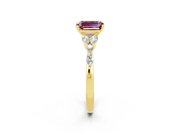 Yellow gold Emerald Cut Morganite Solitaire Ring with Side Stones and Four-Prong Setting