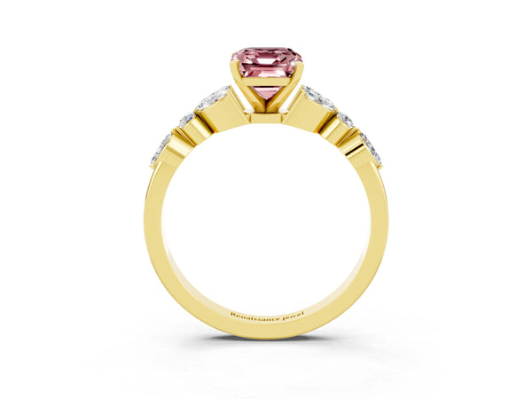 Yellow gold Emerald Cut Morganite Solitaire Ring with Side Stones and Four-Prong Setting