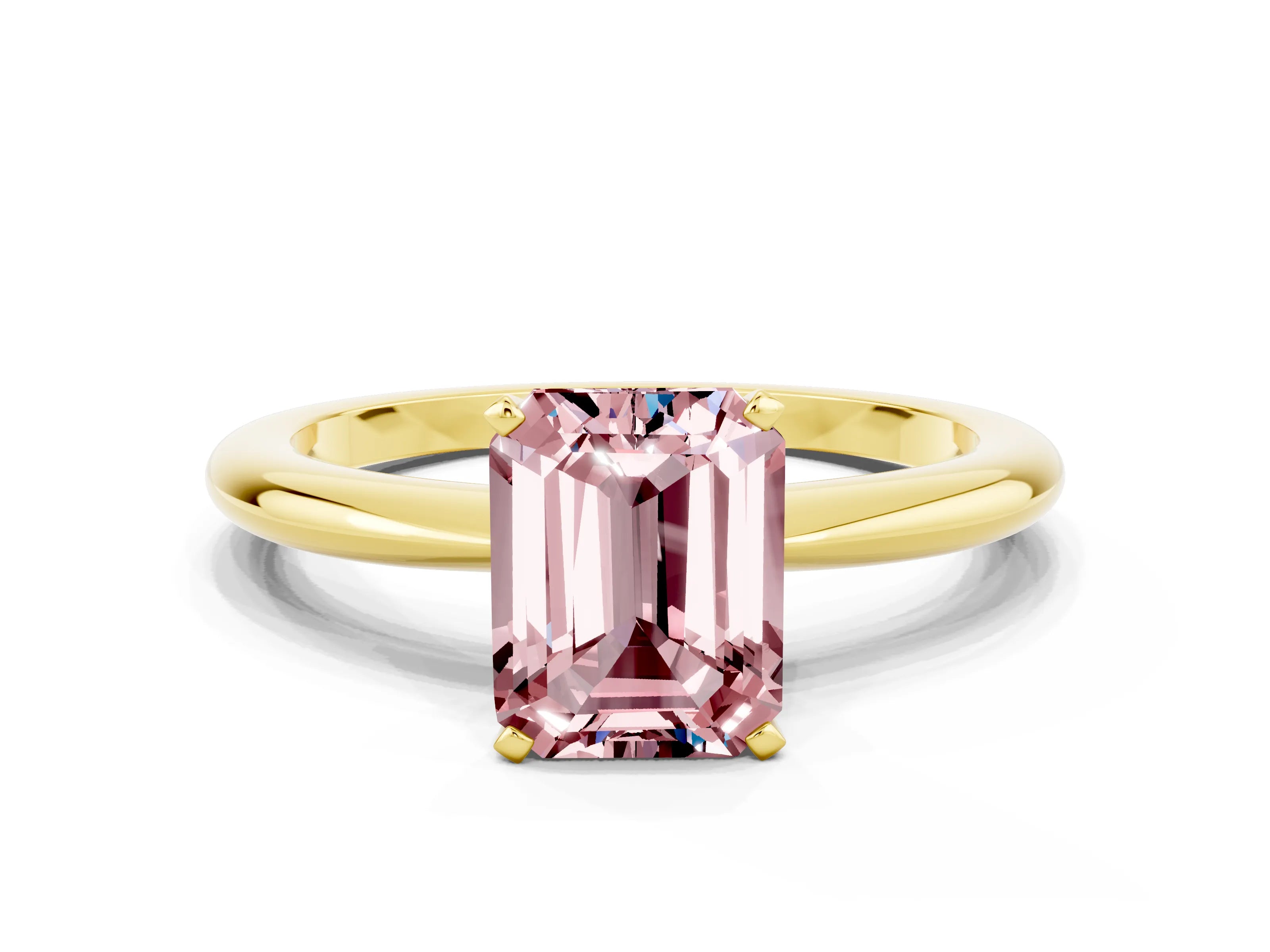 Yellow gold Emerald Cut Morganite Solitaire Ring with Six-Prong Setting and Classic Band