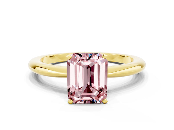 Yellow gold Emerald Cut Morganite Solitaire Ring with Six-Prong Setting and Classic Band