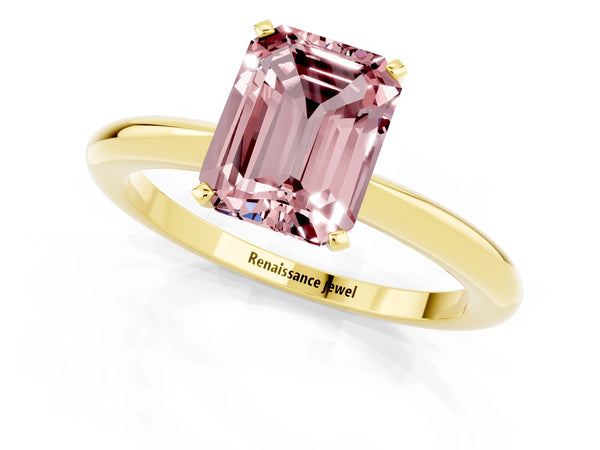 Yellow gold Emerald Cut Morganite Solitaire Ring with Six-Prong Setting and Classic Band