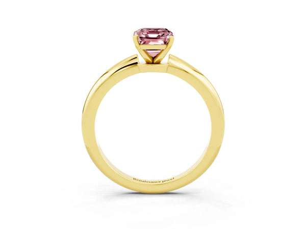 Yellow gold Emerald Cut Morganite Solitaire Ring with Six-Prong Setting and Classic Band
