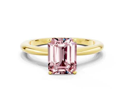 Yellow gold Emerald Cut Morganite Solitaire Ring with Six-Prong Setting and Classic Band