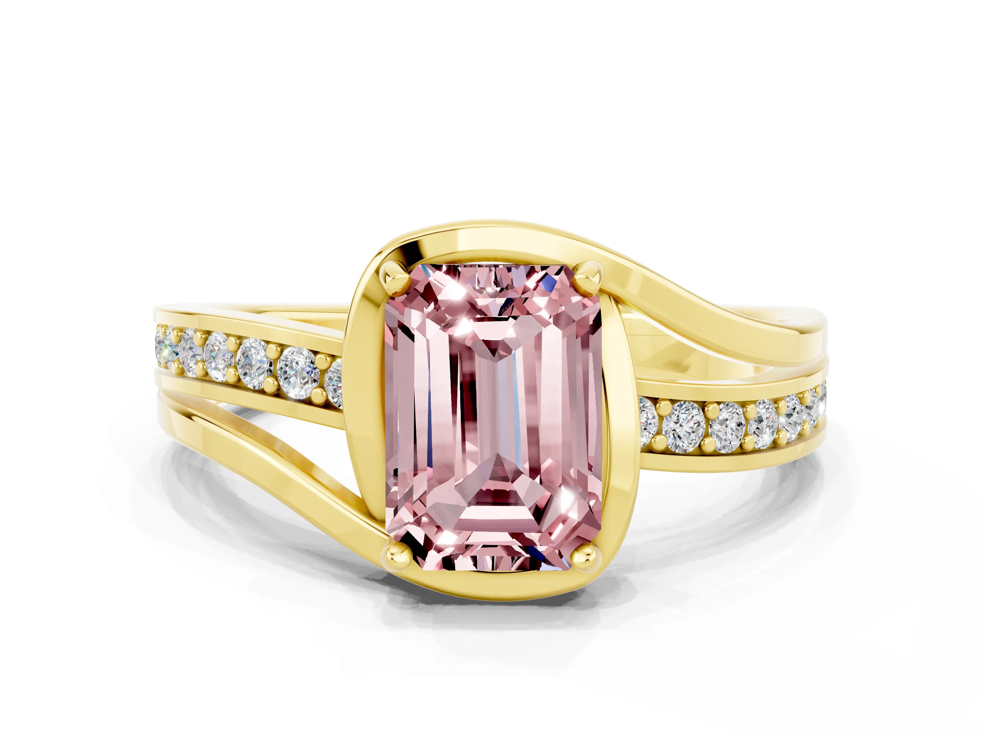 Yellow gold Emerald Cut Morganite Solitaire Ring with Split Shank and Prong Setting