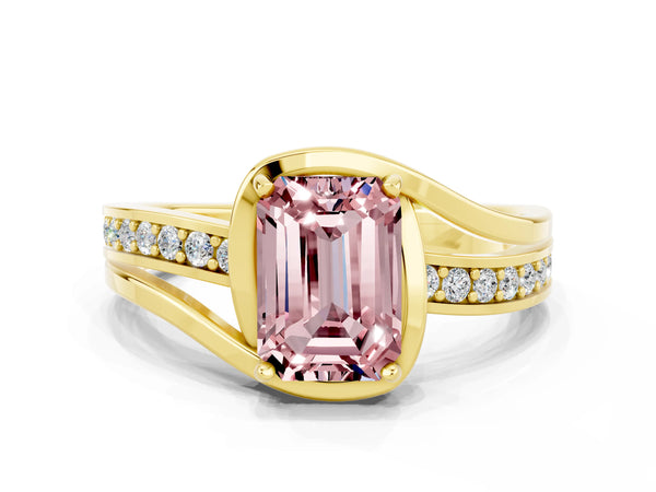 Yellow gold Emerald Cut Morganite Solitaire Ring with Split Shank and Prong Setting