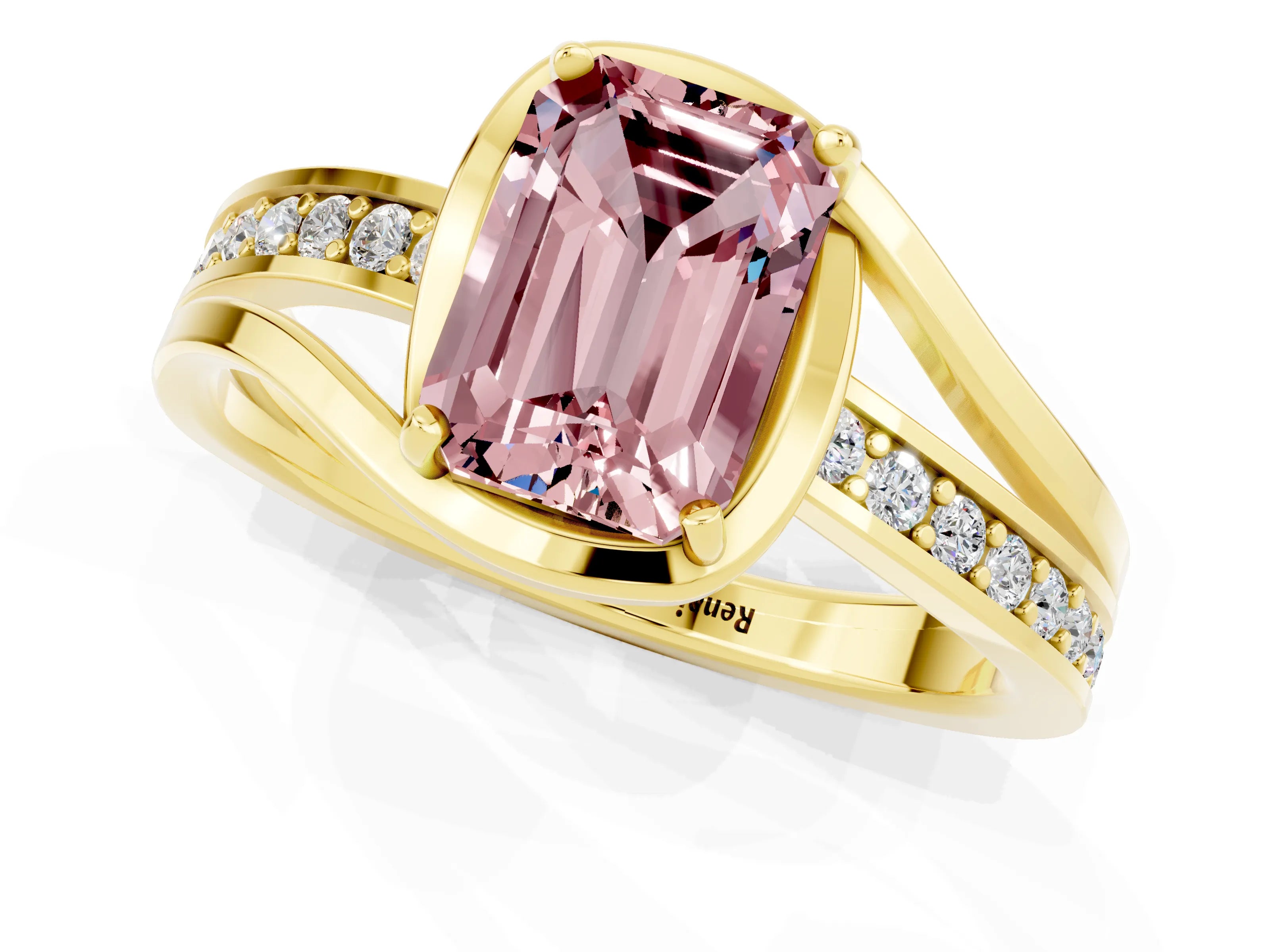Yellow gold Emerald Cut Morganite Solitaire Ring with Split Shank and Prong Setting_1