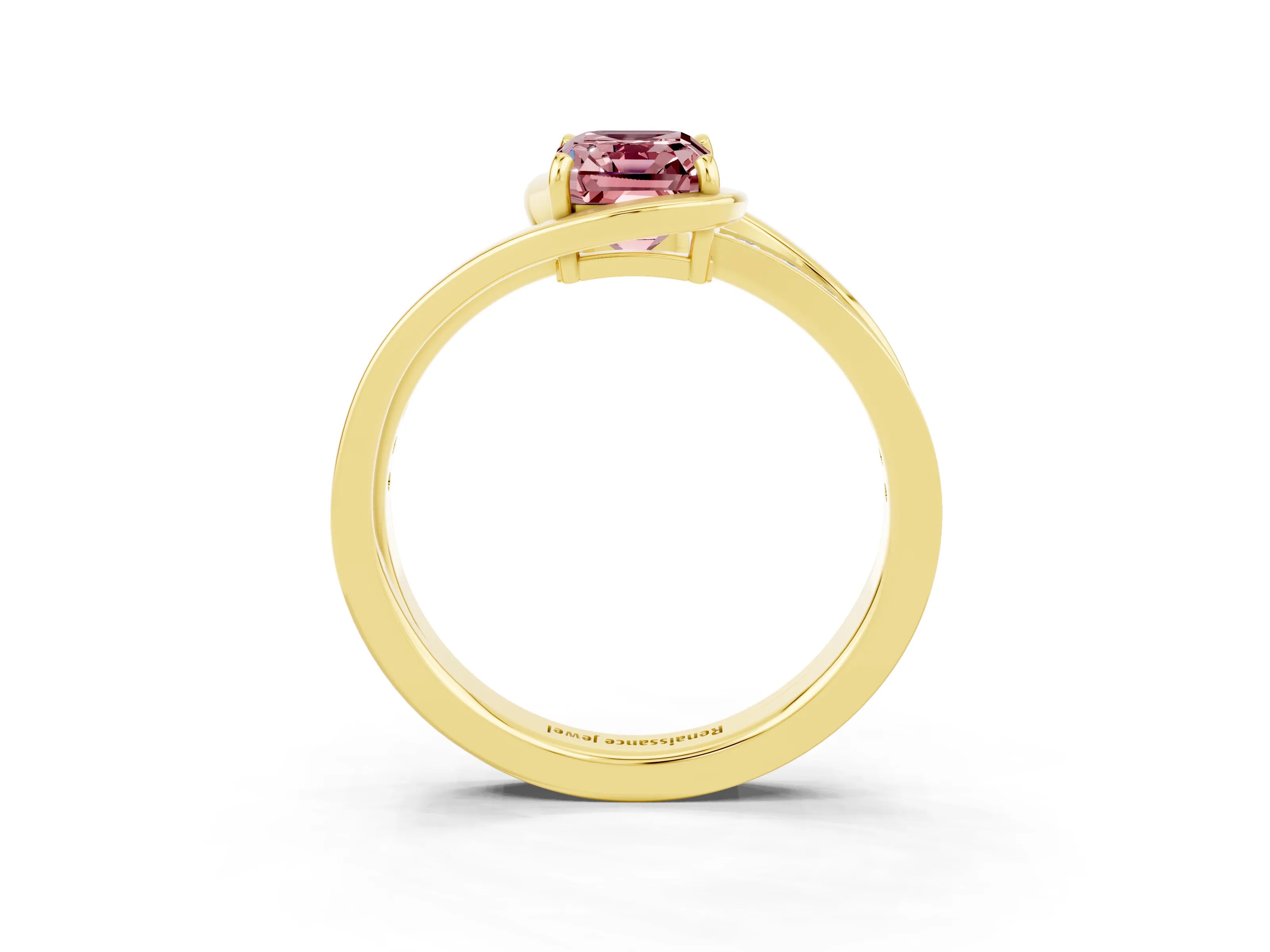 Yellow gold Emerald Cut Morganite Solitaire Ring with Split Shank and Prong Setting_3