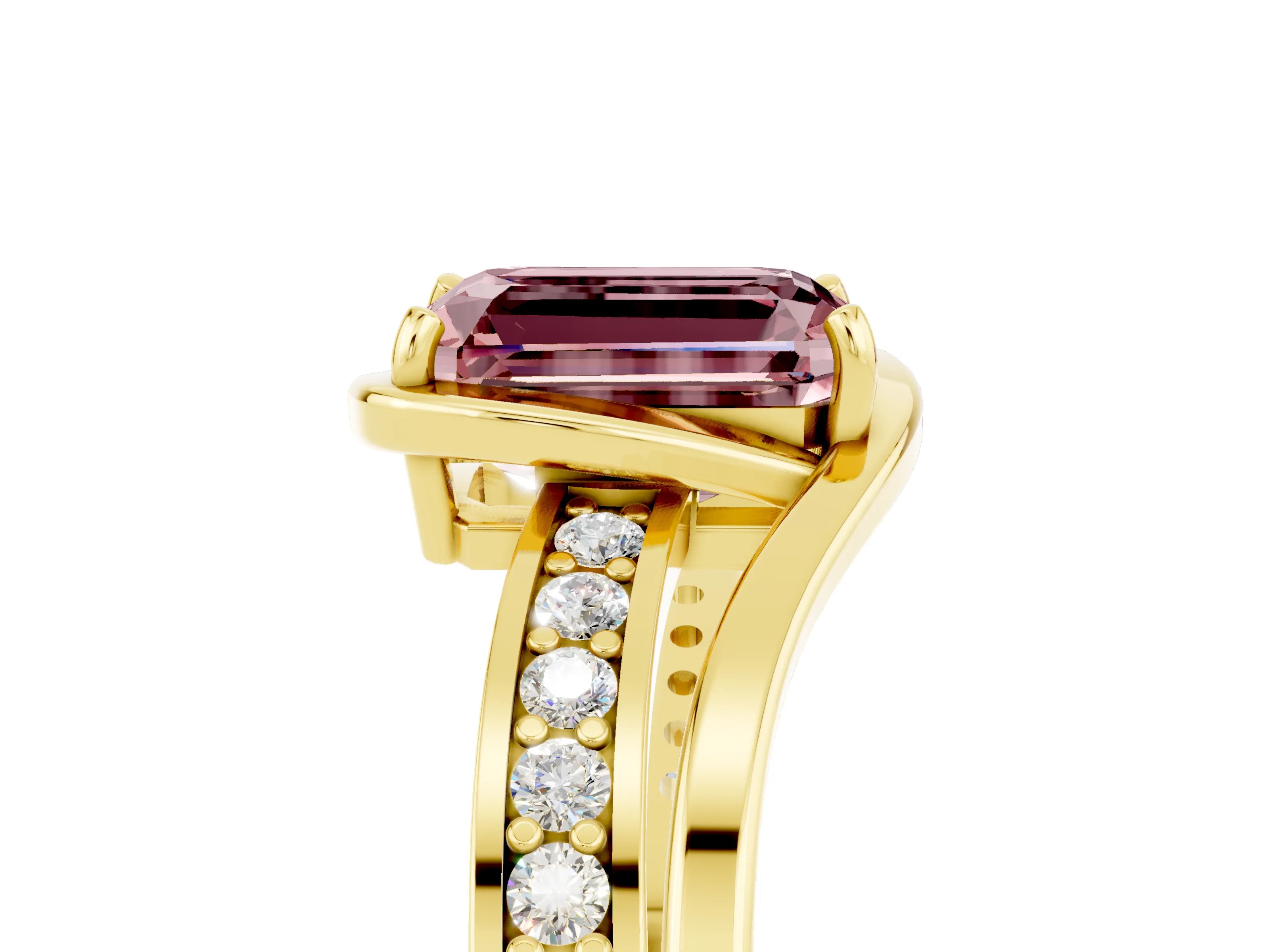 Yellow gold Emerald Cut Morganite Solitaire Ring with Split Shank and Prong Setting_5