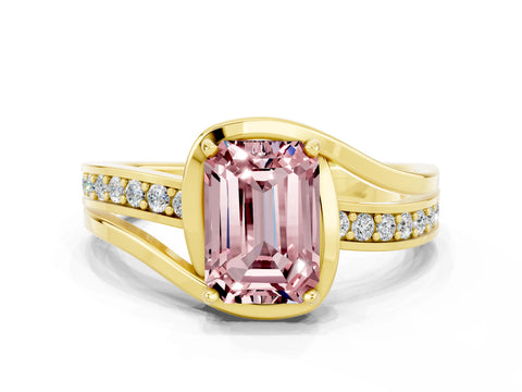 Yellow gold Emerald Cut Morganite Solitaire Ring with Split Shank and Prong Setting