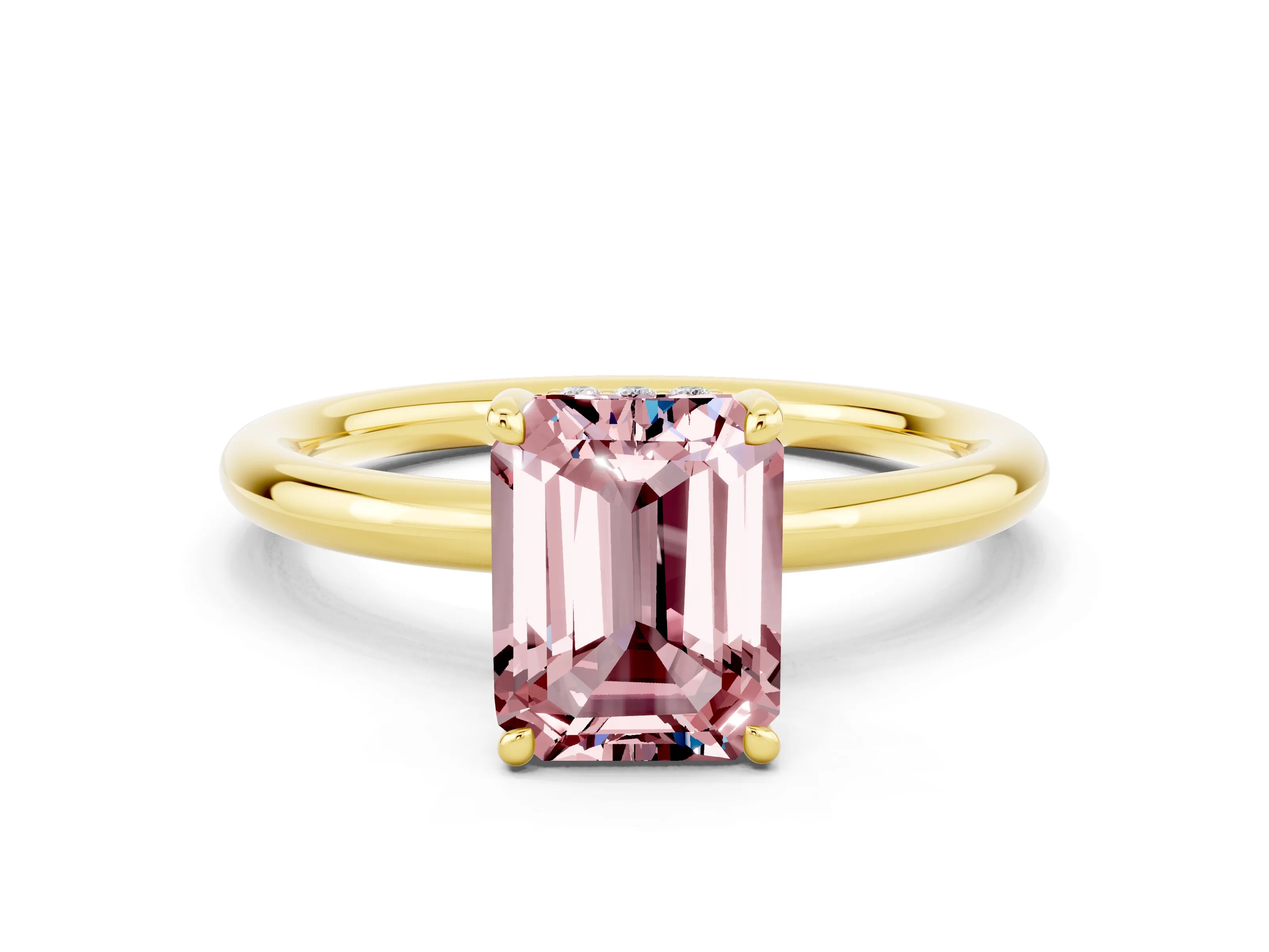 Yellow gold Emerald Cut Morganite Solitaire Ring with Thin Band and Four-Prong Setting_12