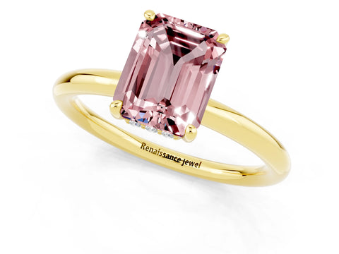Yellow gold Emerald Cut Morganite Solitaire Ring with Thin Band and Four-Prong Setting_13