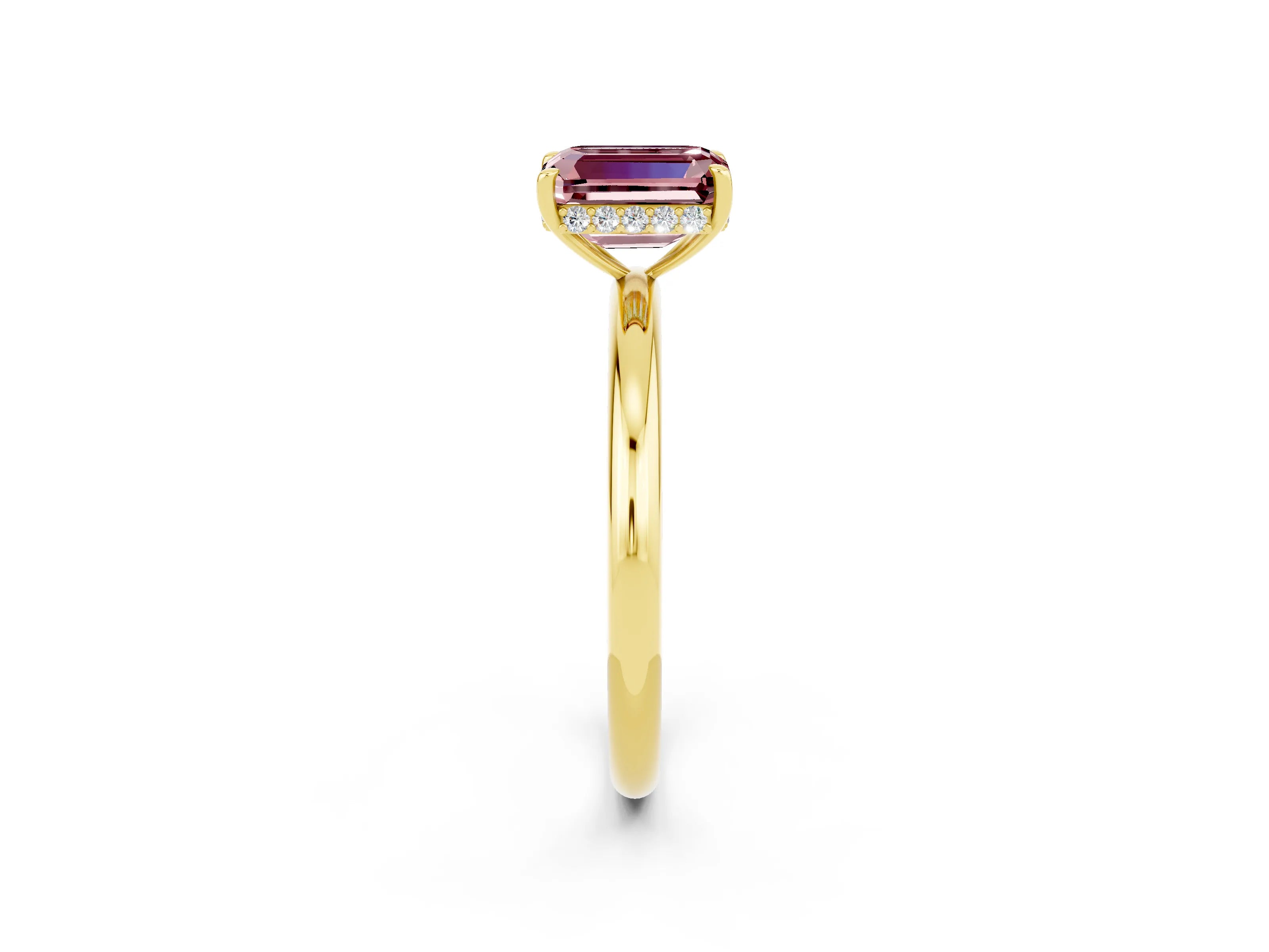 Yellow gold Emerald Cut Morganite Solitaire Ring with Thin Band and Four-Prong Setting_14