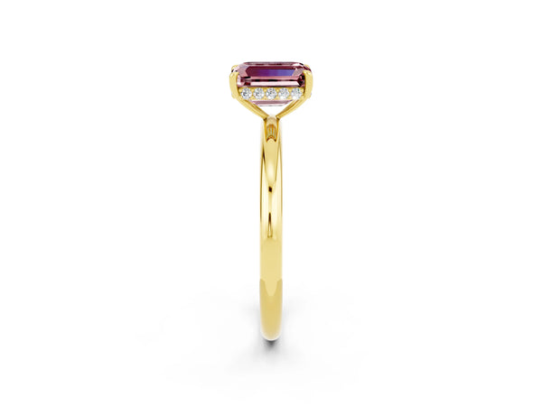 Yellow gold Emerald Cut Morganite Solitaire Ring with Thin Band and Four-Prong Setting