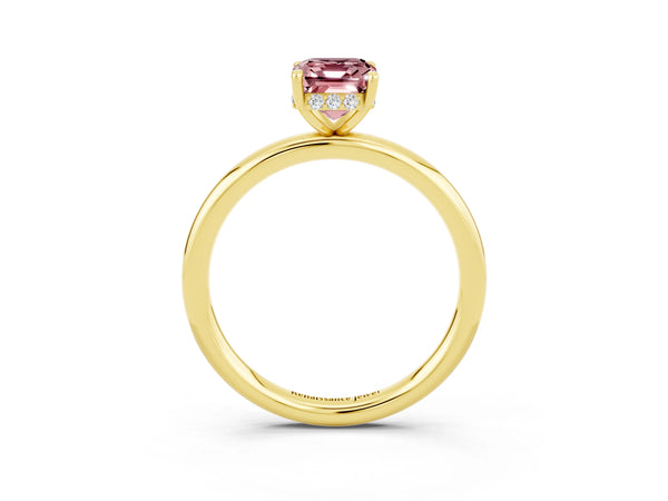 Yellow gold Emerald Cut Morganite Solitaire Ring with Thin Band and Four-Prong Setting